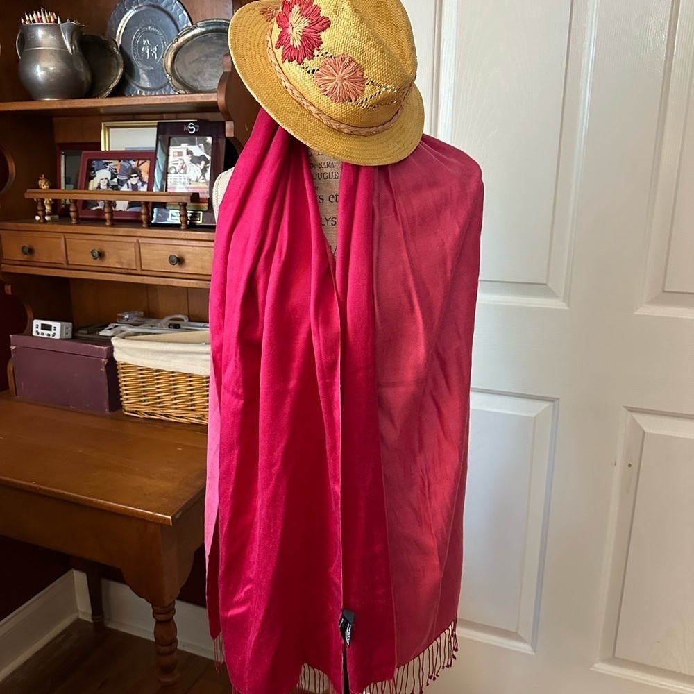 Lot - Kenneth Cole Vibrant Pink Scarf and Lucky Brand Straw Fedora